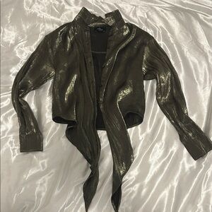 Metallic Olive Button-Up Blouse